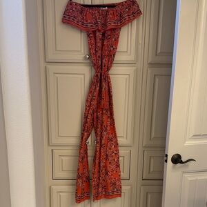 Chelsea & Violet Red Floral Off-Shoulder Jumpsuit